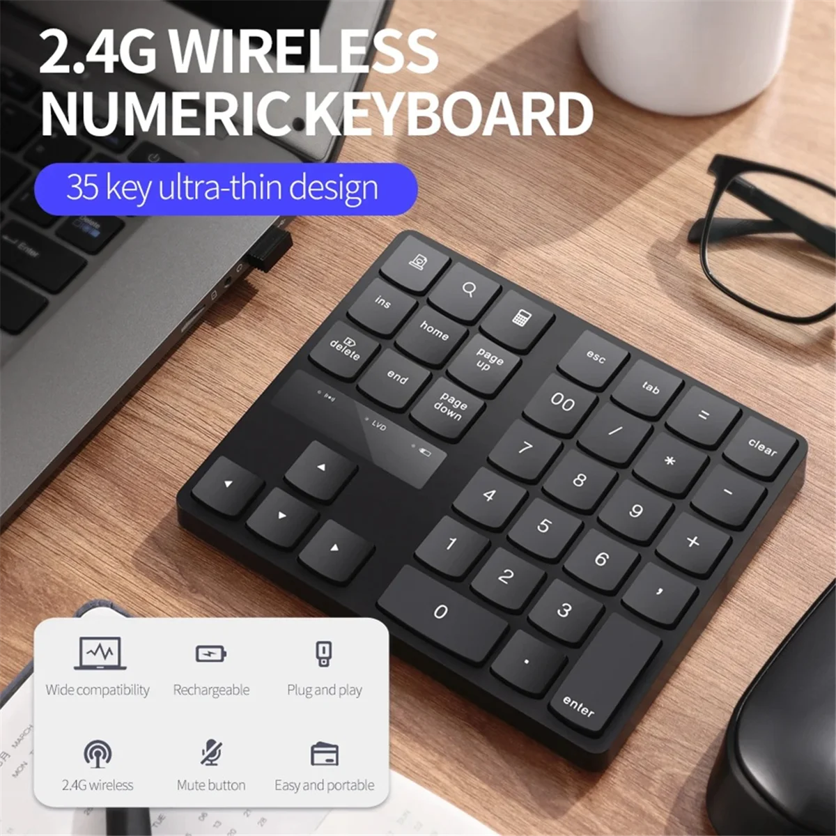 ABJZ New 2.4G Wireless Numeric Keyboard Portable 35 Keys Financial Accounting Office Keyboard Rechargeable Black Keyboard