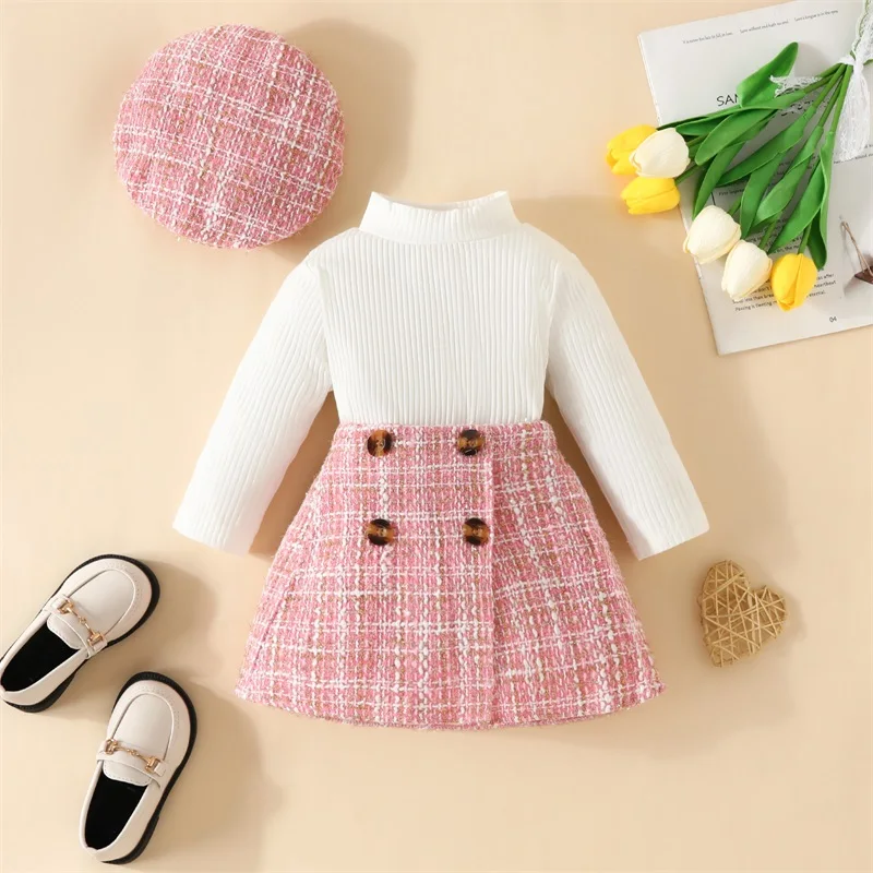 

Toddler Girl Fall 3Pcs Outfit Solid Color Ribbed Long Sleeve Tops Plaid T Pattern Skirt Beret Set