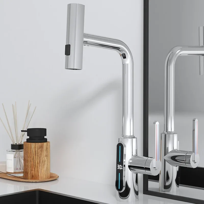 Digital Display Kitchen Faucet Brass Lead Free Single Lever Hot and Cold Pull Out Mixer Sink Tap Bathroom Mixer White Gray