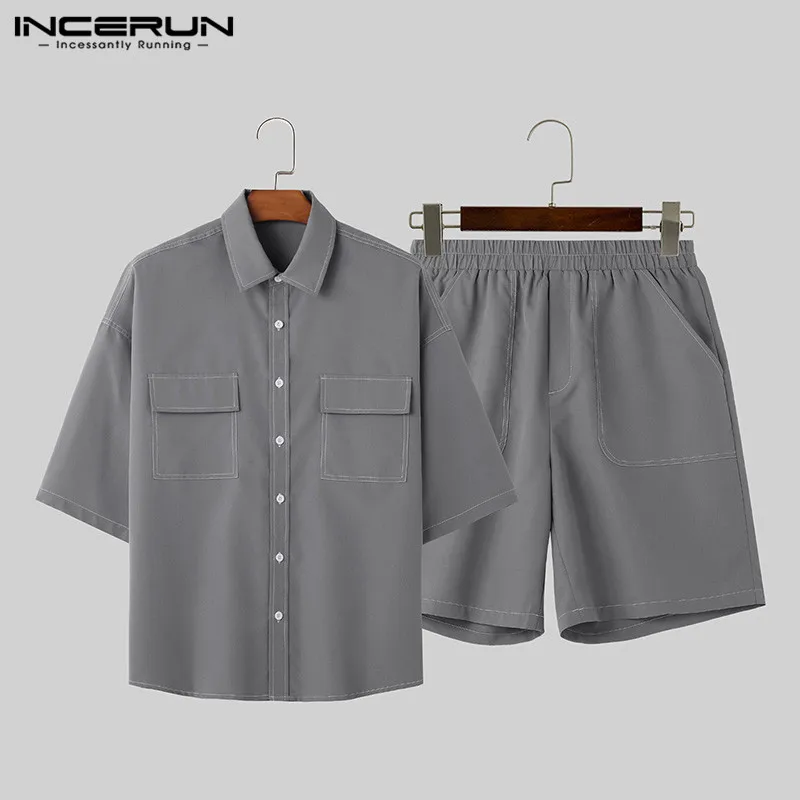 INCERUN 2024 Korean Style Leisure Mens Sets Line Splicing Design Short Sleeved Shirt Shorts Simple All-match Suit 2 Pieces S-5XL