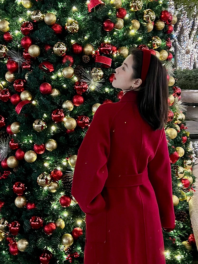 

Двустороннее шерстяное длинное пальто CML, красное, для свадьбы, корейский стиль, высокое качество, с поясом, для помолвки, женское пальто