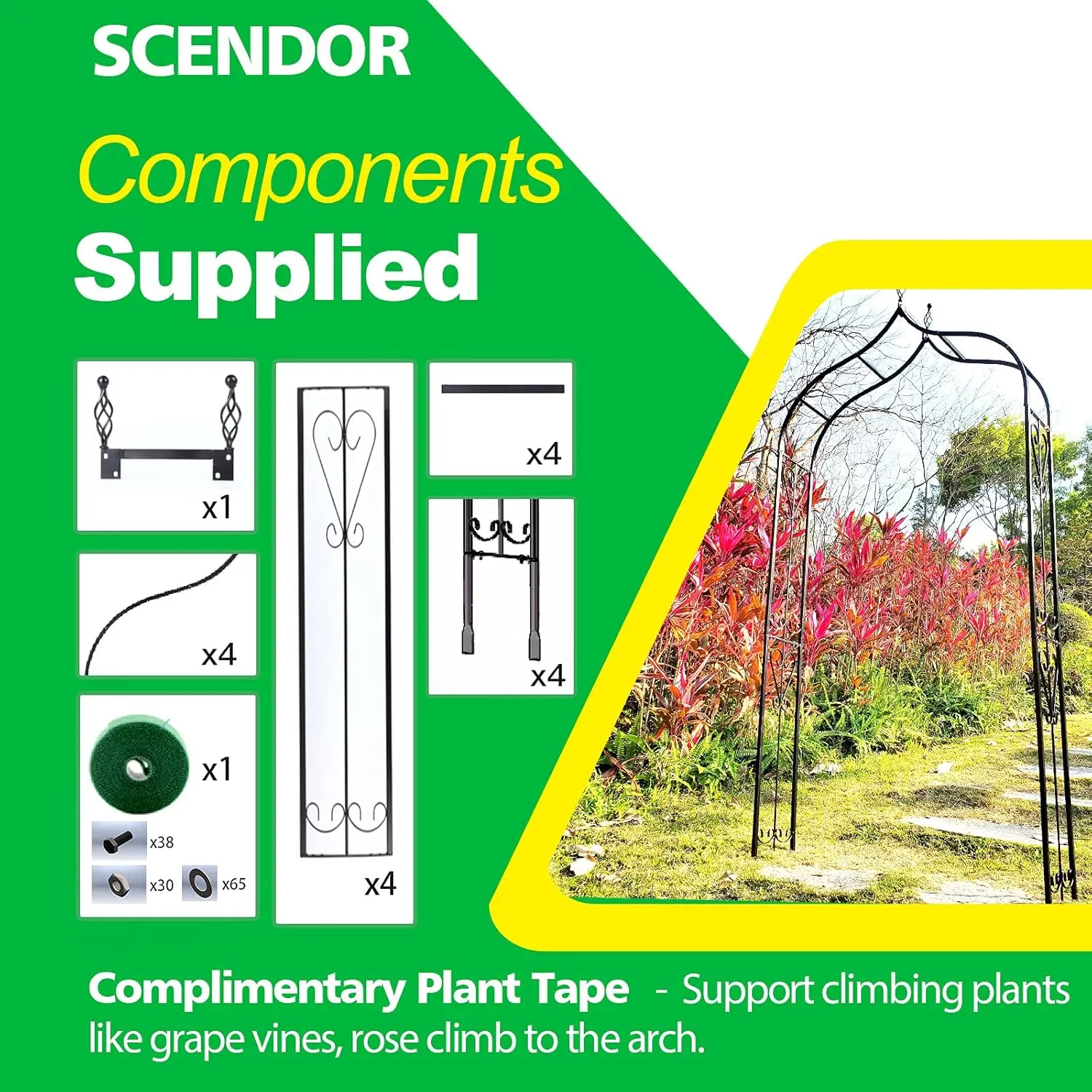 تعريشة قوس الحديقة مقاس 14.2 بوصة طول × 46.5 بوصة عرض × 98.4 بوصة ارتفاع، أربور حديد أسود، تعريشة أربور للفناء لنباتات التسلق المختلفة باللون الوردي والخارجي