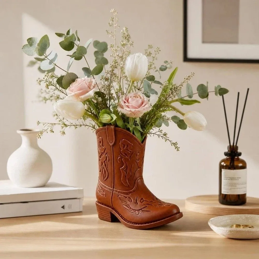Retro Design Vintage Western Style Cowboy Boot Statue 3D Printed Ornaments Desktop Organizer Home Decor Pencil Holder Home Desk