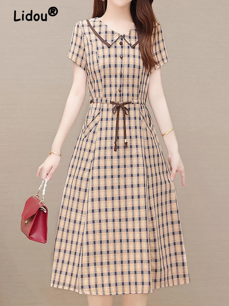 

Elegance Upscale Lattice Butterfly Knot Lacing A-line Skirt Summer Classic Short Sleeve Printing Button Decorate Midi Dress 2022