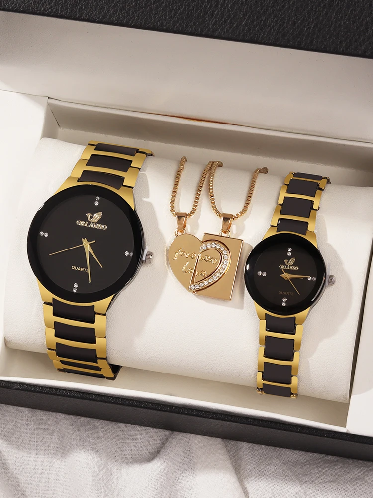 4pcs minimalist business steel strip quartz watch paired with a heart two in one necklace couple watch set