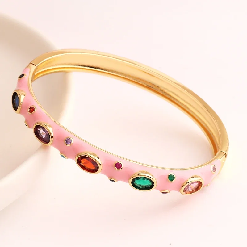 New Fashion 18k Gold Plated 5A Cubic Zirconia Bracelet For Women 7 Colors Candy Colorful Neon Enamel Rainbow CZ Bangle Gifts