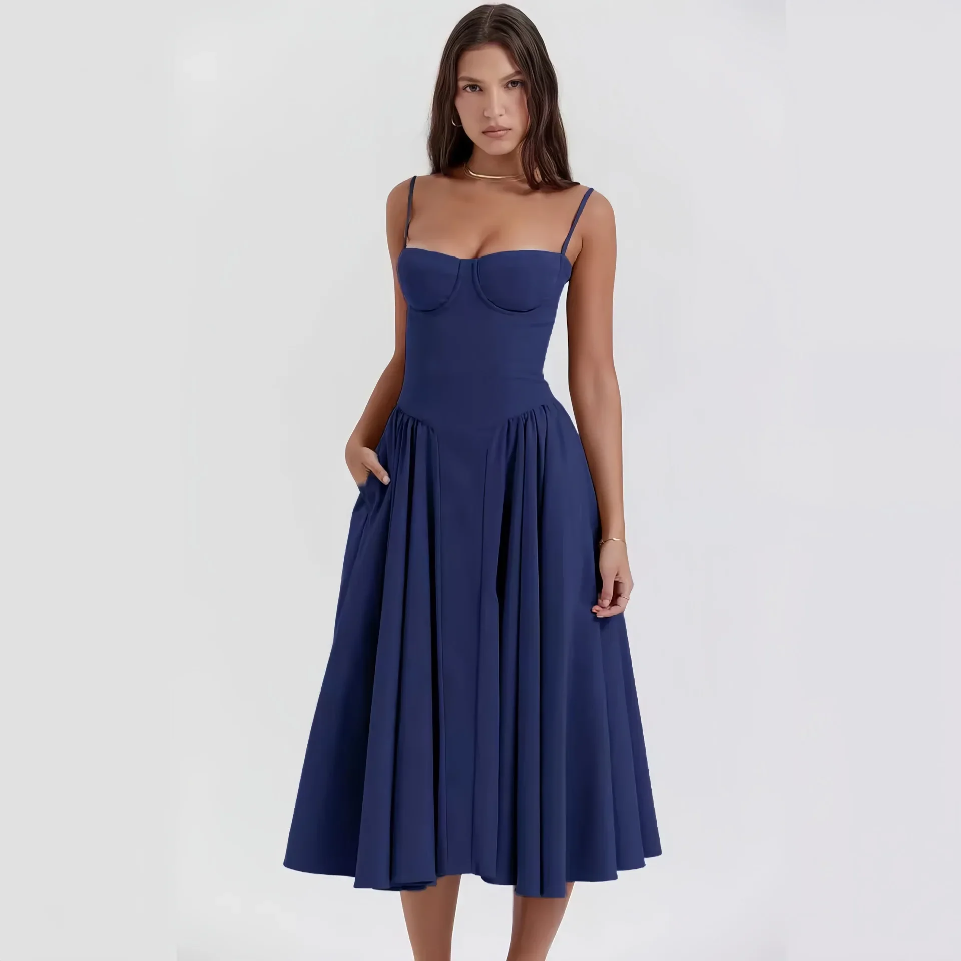 Elegant Solid Chest Wrapped Sling Dress Women Sexy Off Shoulder Pleated Maxi Vestidos 2024 Summer Ladies Vacation Party Dresses