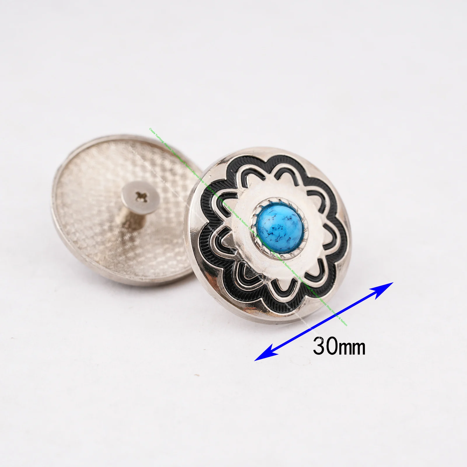 

10PC 30MM Blue Turquoise Flower Western Horst HeadStall Saddles Bridle Tack Silver decoration Screwback