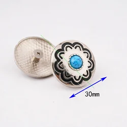 10PC 30MM Blue Turquoise Flower Western Horst HeadStall Saddles Bridle Tack Silver decoration Screwback