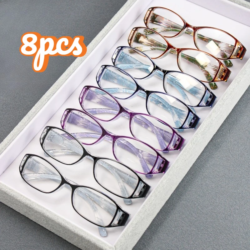 8Pcs Fashion Hollow‑Square Presbyopic Glasses, Exquisite Packaging Affordable Multi‑Pack Magnifying Eyeglasses, +1.00‑+4.00