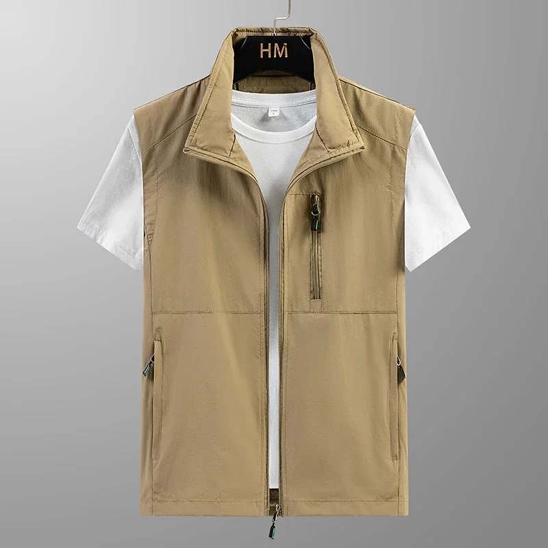 New Summer Men's Tooling Loose Quick Dry Vest Men's Outdoor Sports Multi Pocket Stand Collar Vest Camping Fishing Vest 7XL