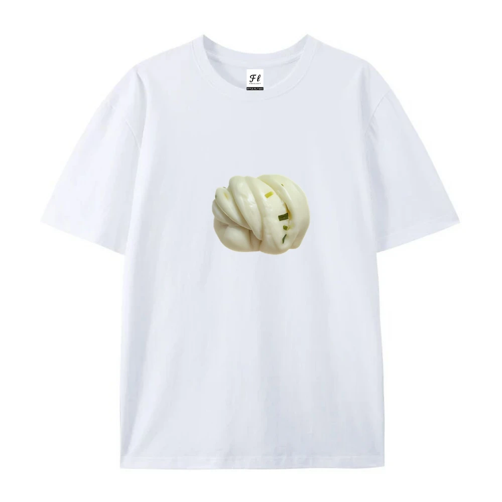 Women Clothes Steamed Tee Traditional Chinese Huajuan Print Handmade Dough Art Unisex Cotton Top Breakfast Street Food Style
