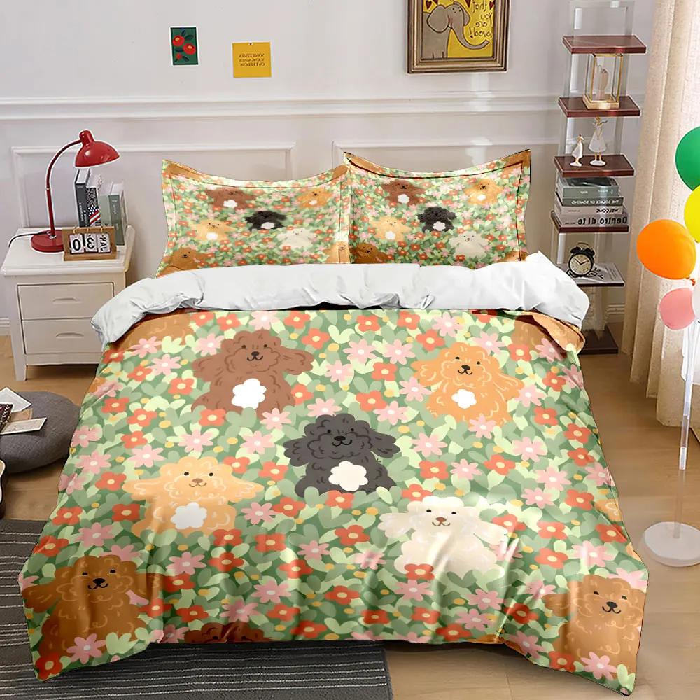 Cute dogs in floral background Pattern Duvet Cover Set Digital Print Colorful Polyester Bedding with Zipper Closur for gifts