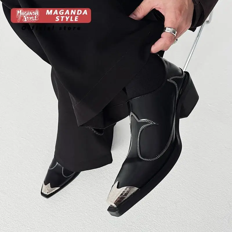 Sharp pointed Derby leather shoes for both men and women with a height increase of 5CM slip in formal dress loafers metal design