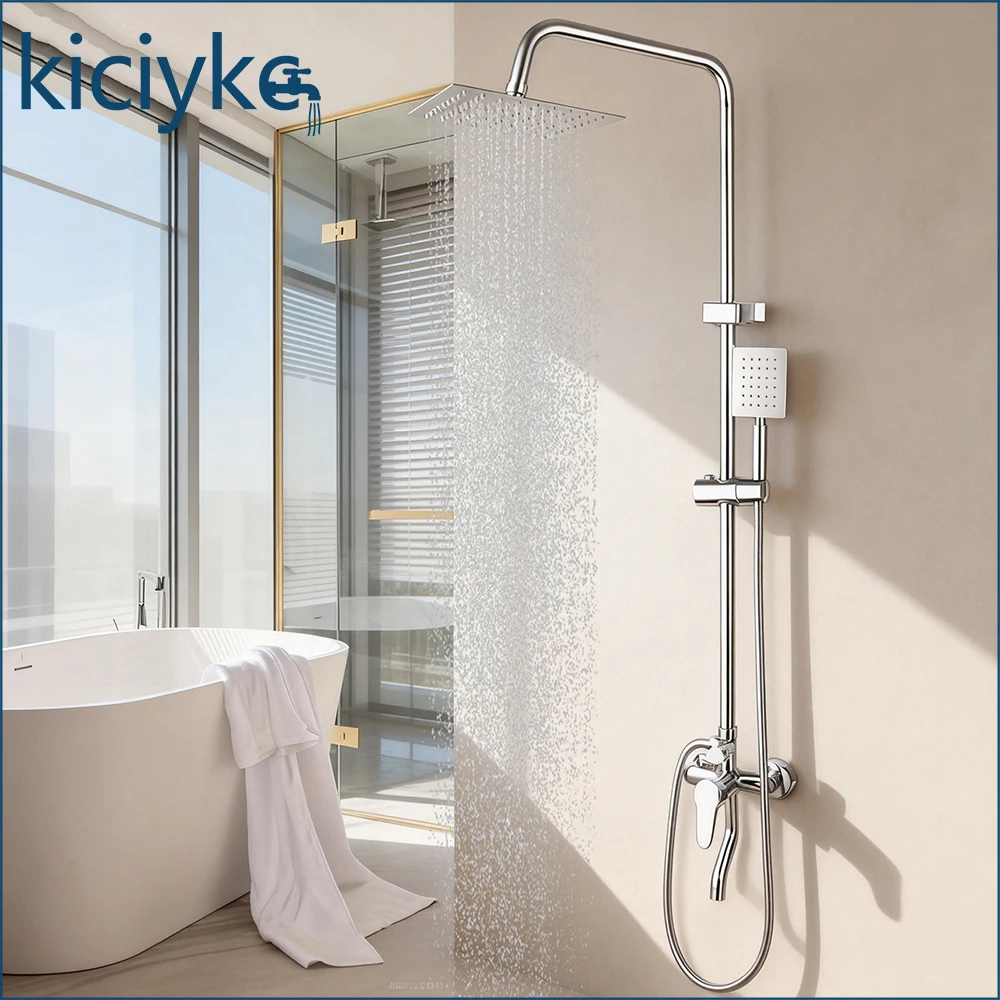 8 Inch Square Rain Shower Set Chrome Wall Mounted Exposed Shower Faucet System with Handheld Spray High Pressure Bathroom Shower Combo