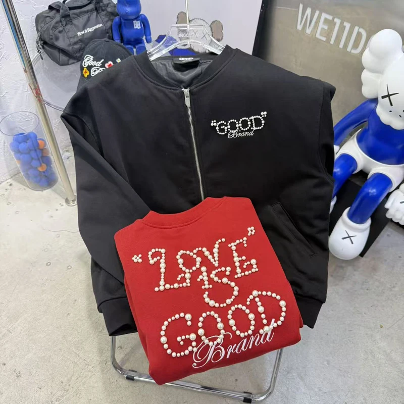 

Классическая куртка Good Brand с жемчугом и буквами, американская уличная одежда, свободные пальто на молнии в стиле ретро, толстовка для мужчин и женщин, топы, одежда