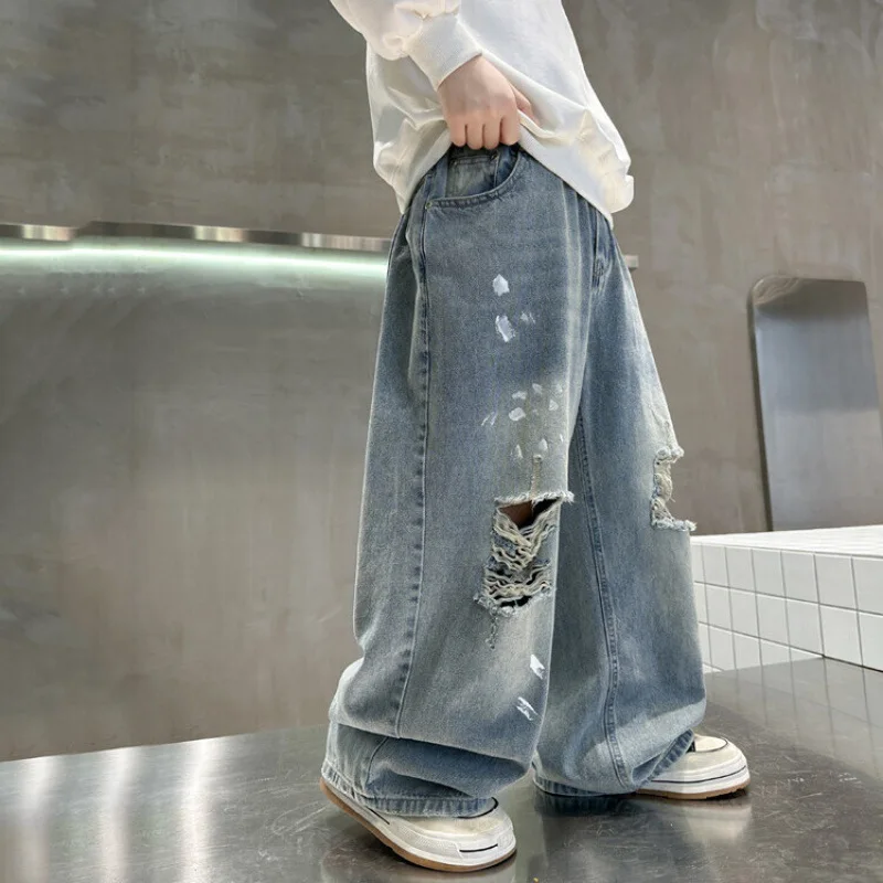 Boys Ripped Jeans Spring/Autumn Style Medium And large Children's Wide Personalized Youth Straight Wide Leg Pants 5-14 Years