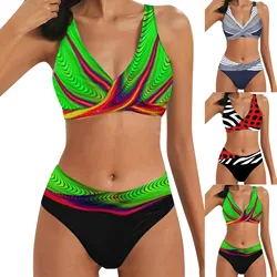 Ladies Sexy High Waist Print Two Piece Bikini Sets Biquini Women Swimsuit Clothing Set Color Block Mujer Swimwear Suit Summer