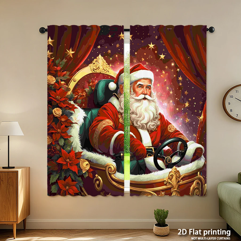 2-piece set of high-definition digital printed curtainsChristmas Santa Claus red gold festive floralHome decoration style