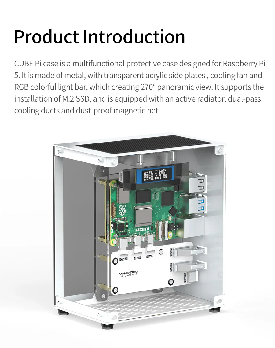 Yahboom Raspberry Pi 5-Schutzhülle, Mini-Kit mit Lüfter und Farbwechsel, Umgebungslicht, unterstützt Installation, M.2 SSD – Detail 4