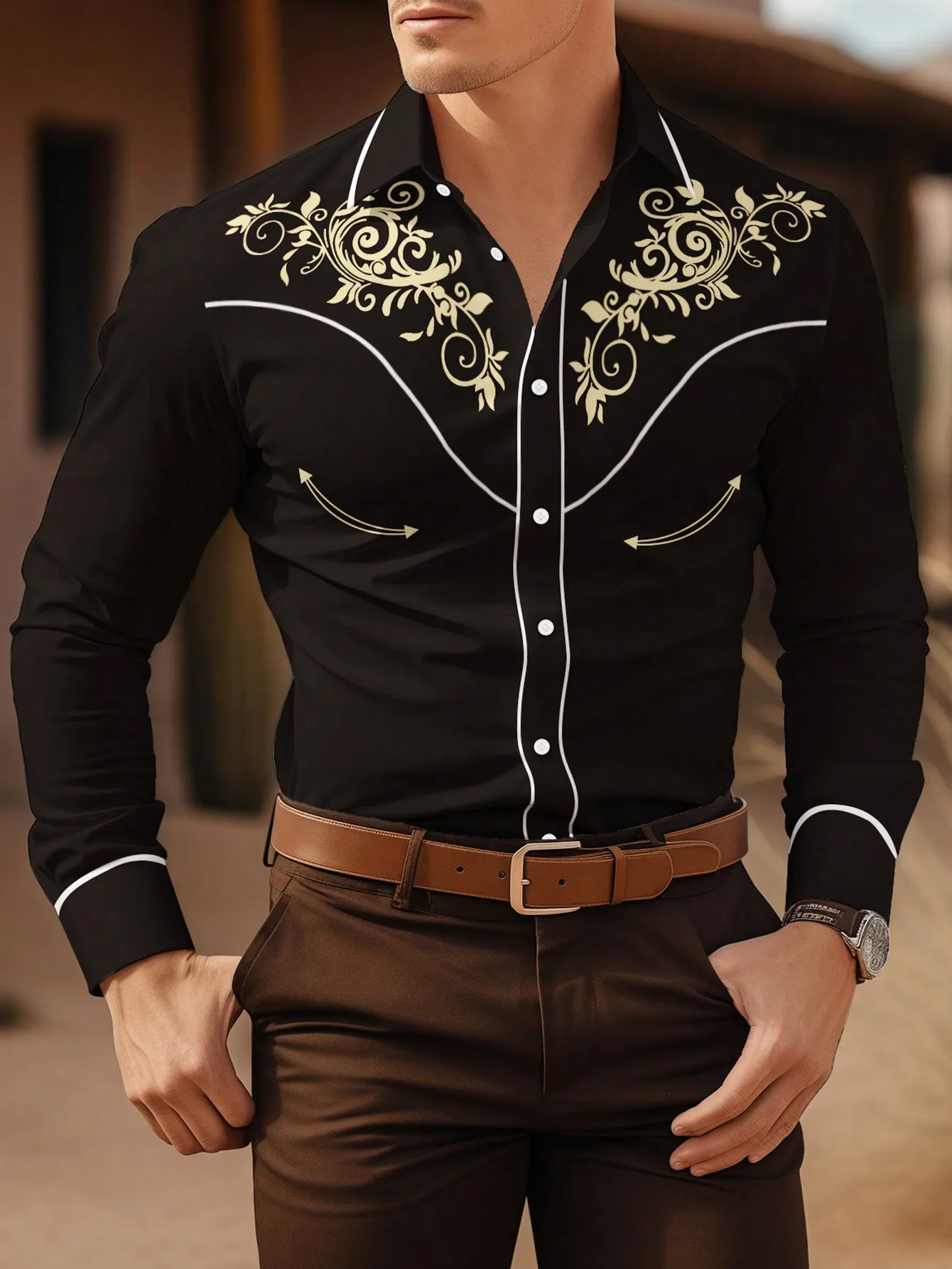 

Men's Black Western-Style Long Sleeve Button-Up Shirt with Gold Floral Embroidery