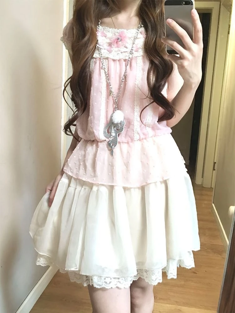 

Summer New Sweet Vintage 2-piece Set Women Cottagecore Kawaii Sleeveless Pink Loose Tops Female Fashion Casual High-waist Skirt