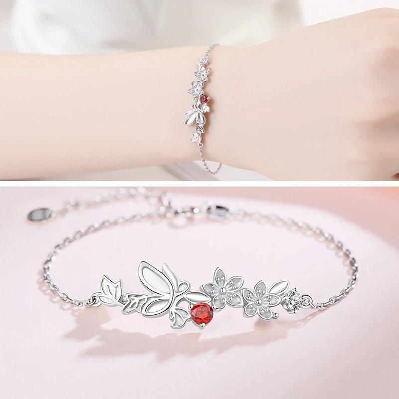 NEW European S925 Sterling silver AAA CZ Butterfly Peach Blossom Bracelet Chain For Women Birthday Party Gift Jewelry