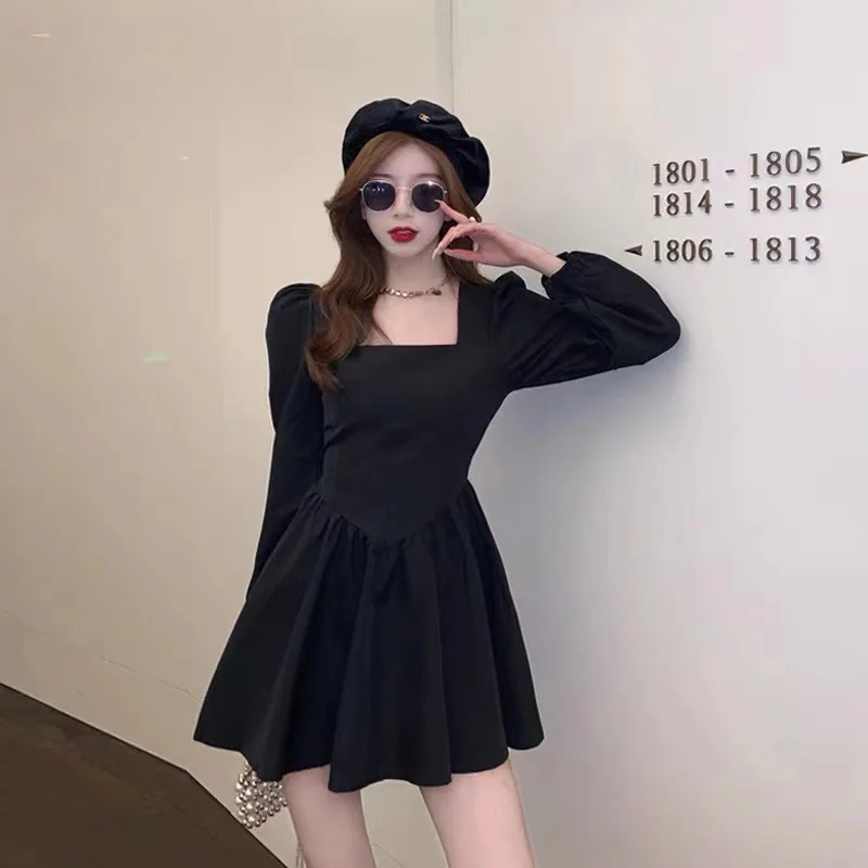 Black Puffy Mini Dress For Women French Style Square Collar Sweet Casual Ladies Solid Color Full Sleeve Vestidos Spring/Summer