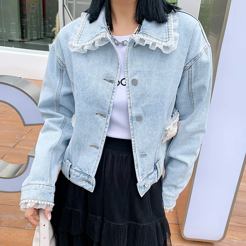 ผู้หญิงเกาหลีแฟชั่นลูกปัด Casual Denim แจ็คเก็ต2022ฤดูใบไม้ผลิ Vintage Femme แขนยาวหญิง Outerwear Tops