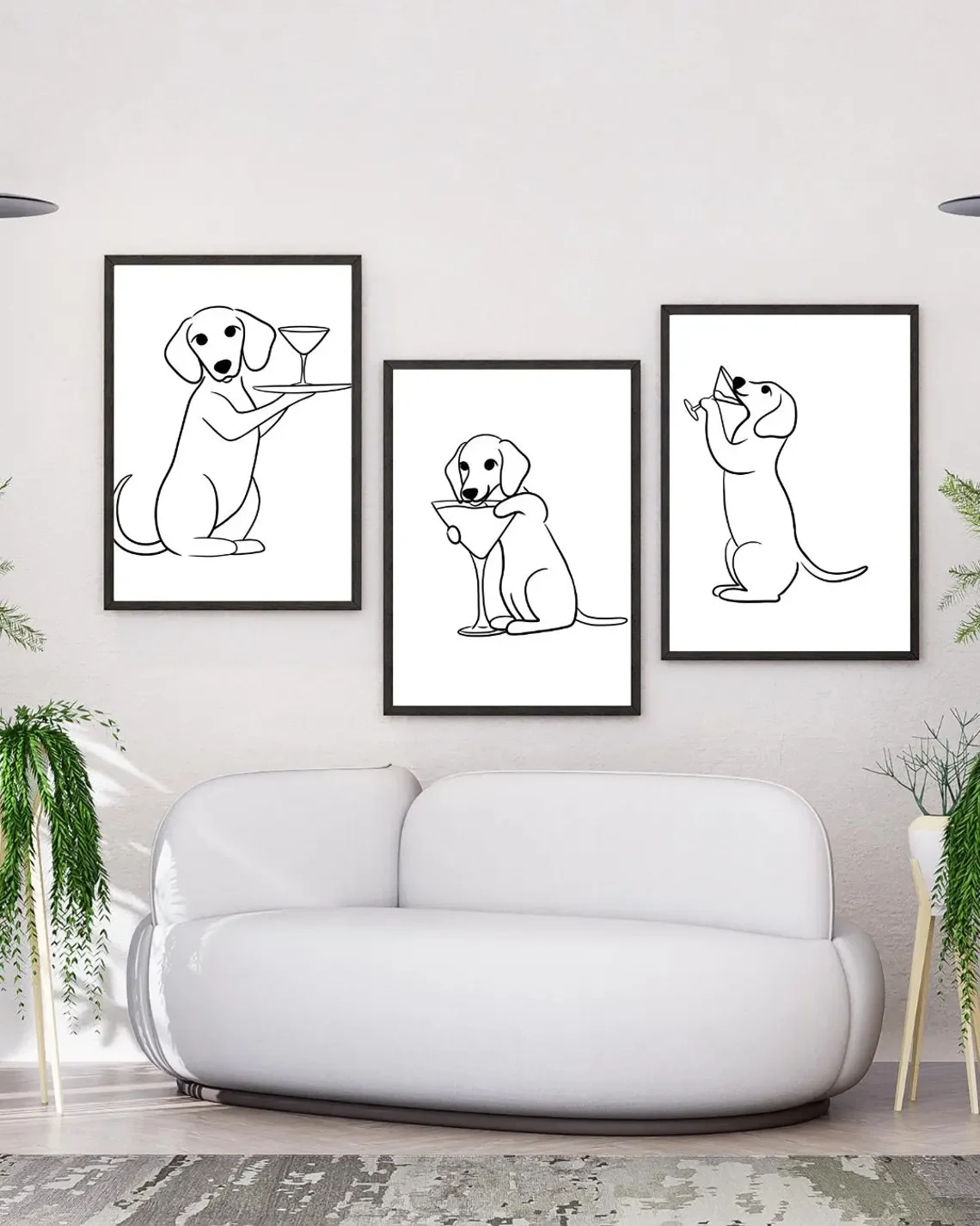 Playful Dachshund Cocktail Line Art Set - Humorous Print Collection Celebrating Canine Fun. The Clean White Backdrop and Bold Bl