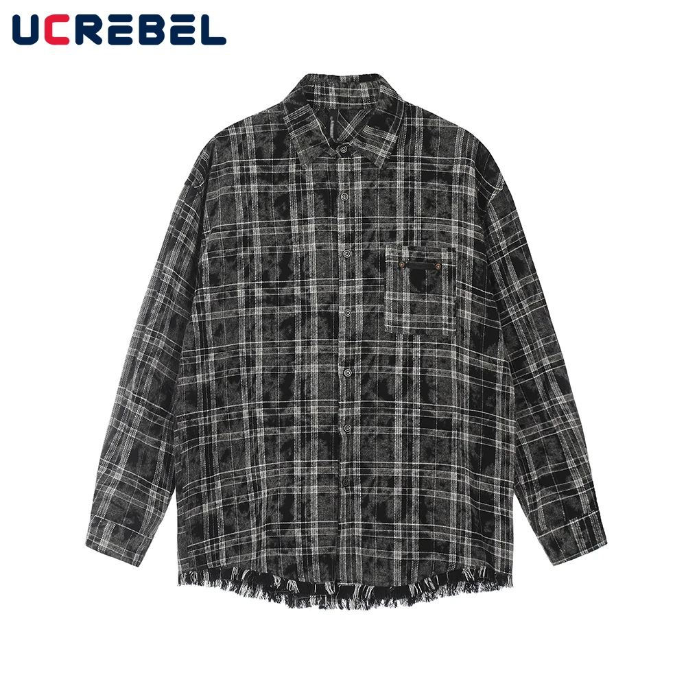 

Raw edge Plaid Long Sleeve Shirts Mens Pocket High Street Single Breasted Lapel Loose Shirts Men