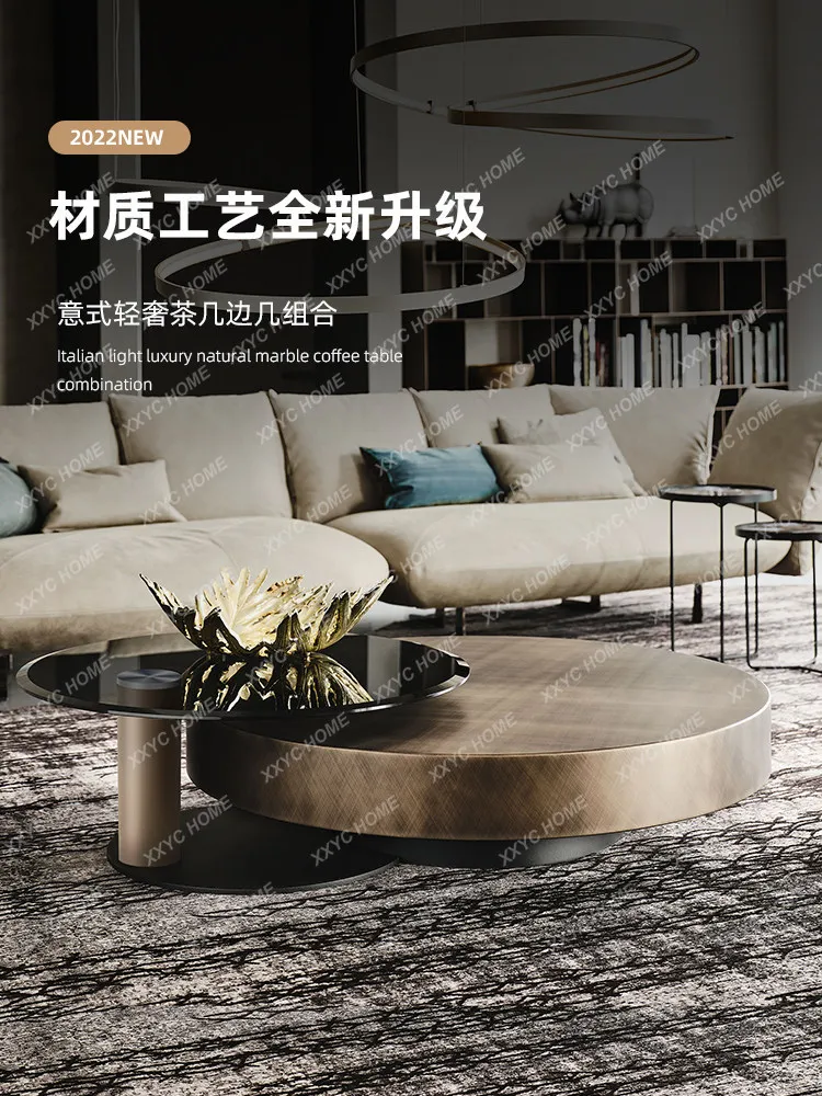 Light luxury stainless steel brushed coffee table modern simple round household tempered glass post-modern coffee table
