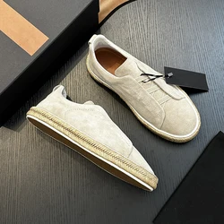 High Quality Fashionable Frosted Cow Leather Casual Shose Men's Vintage High And Luxurious Splicing Flat Bottom Shoes