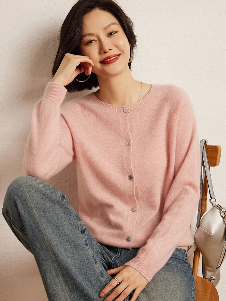 

Женский кардиган из 100% кашемира на весну-осень, с круглым вырезом, однотонный, с длинным рукавом, в стиле преппи, зимний, вязаный, из кашемира