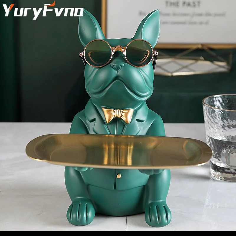 YuryFvna French Bulldog Figurine with Tray Sculpture Desk Storage Statue Decorative Coin Bank Home Room Abstract Art Decoration