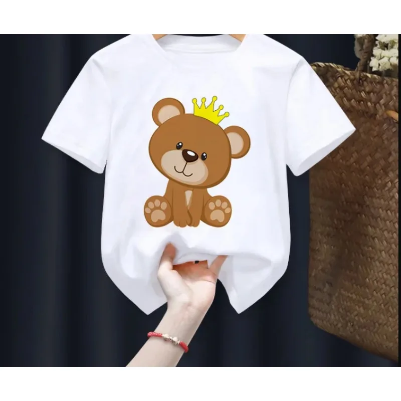 子供のための白い半袖カジュアルトップ,かわいい小さなクマの動物のTシャツ,男の子と女の子のためのサッカー服