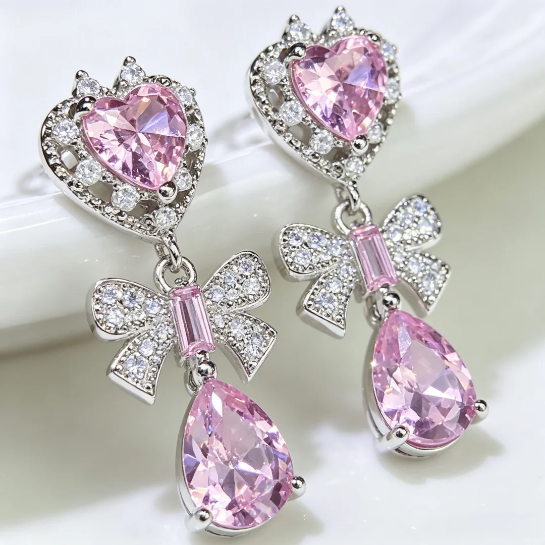 925 Sterling Silver Fashion‑Versatile Elegant Dreamy Rose Quartz Vintage Heart‑of‑the‑Ocean Bow Earrings for Women