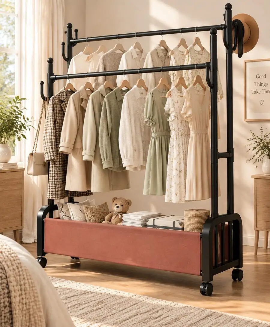 Mobile Garment Rack With Wheels,Aesthetic Ins Adjustable Single/Double Rod Clothes Hanging Rack,Dorm Room Essentials, Freestandi