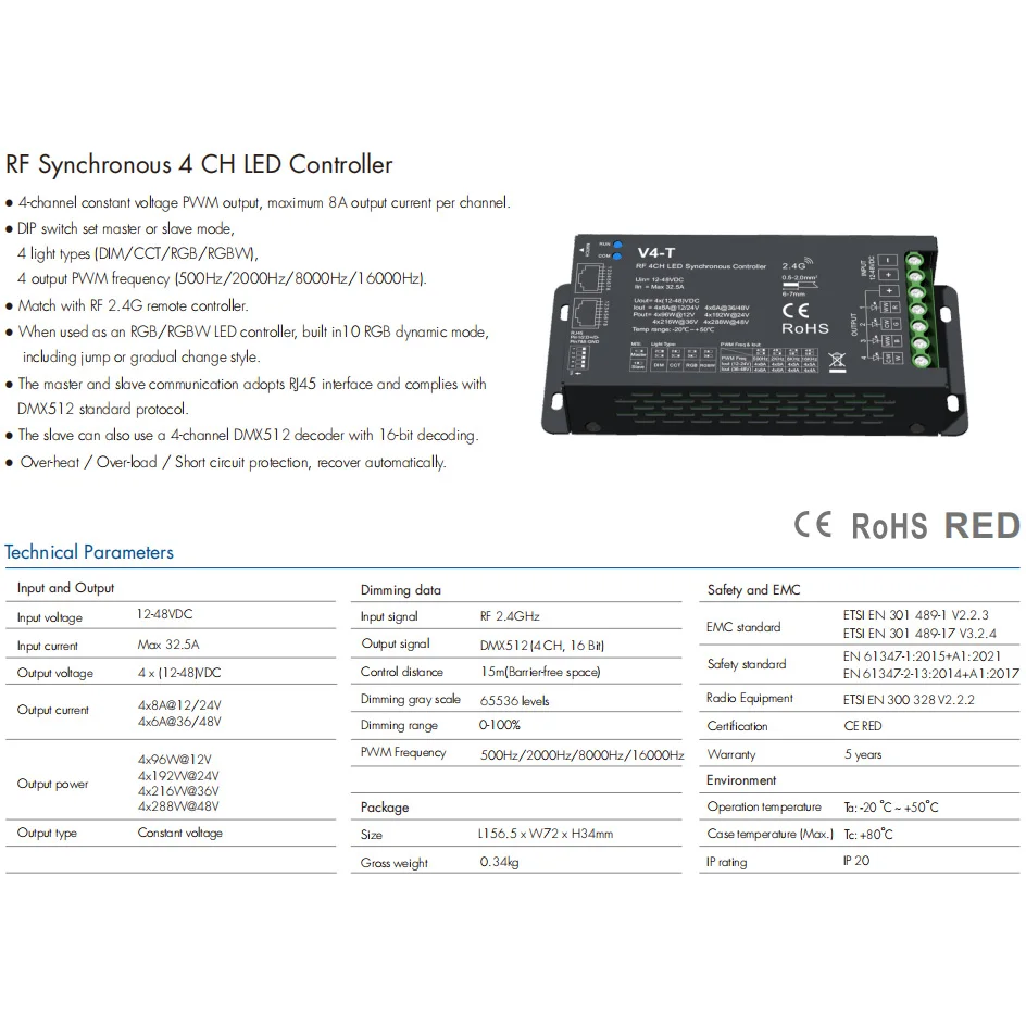 Controlador LED RGB V4-T DMX512 RJ45 4 canales 2,4G RF DC12-48V luz de Control remoto inalámbrico RGBW controlador de tira LED 16000Hz