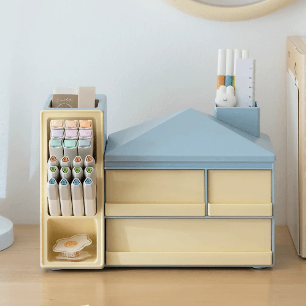 Large Capacity Slanted Pen Holder with Drawer Desk Organizer Desk Stationery Storage Box Finishing Shelf Ornament