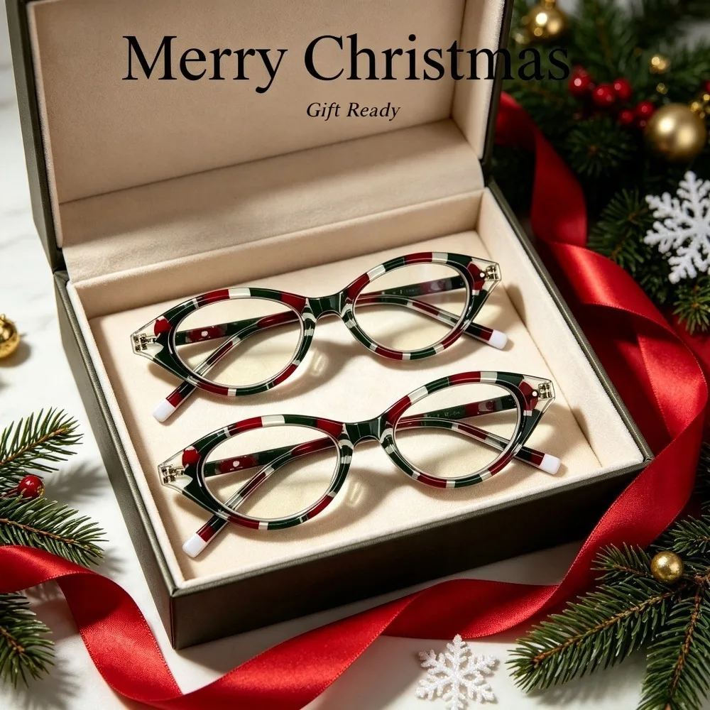 2 Men's and Women's Reading Glasses, Retro Red, Green and White Striped Oval Cat Eye Reading Glasses niche Literary Version, Exquisite Photogenic Face Small Transparent Layered Design, Recommended Christmas and Halloween Gifts