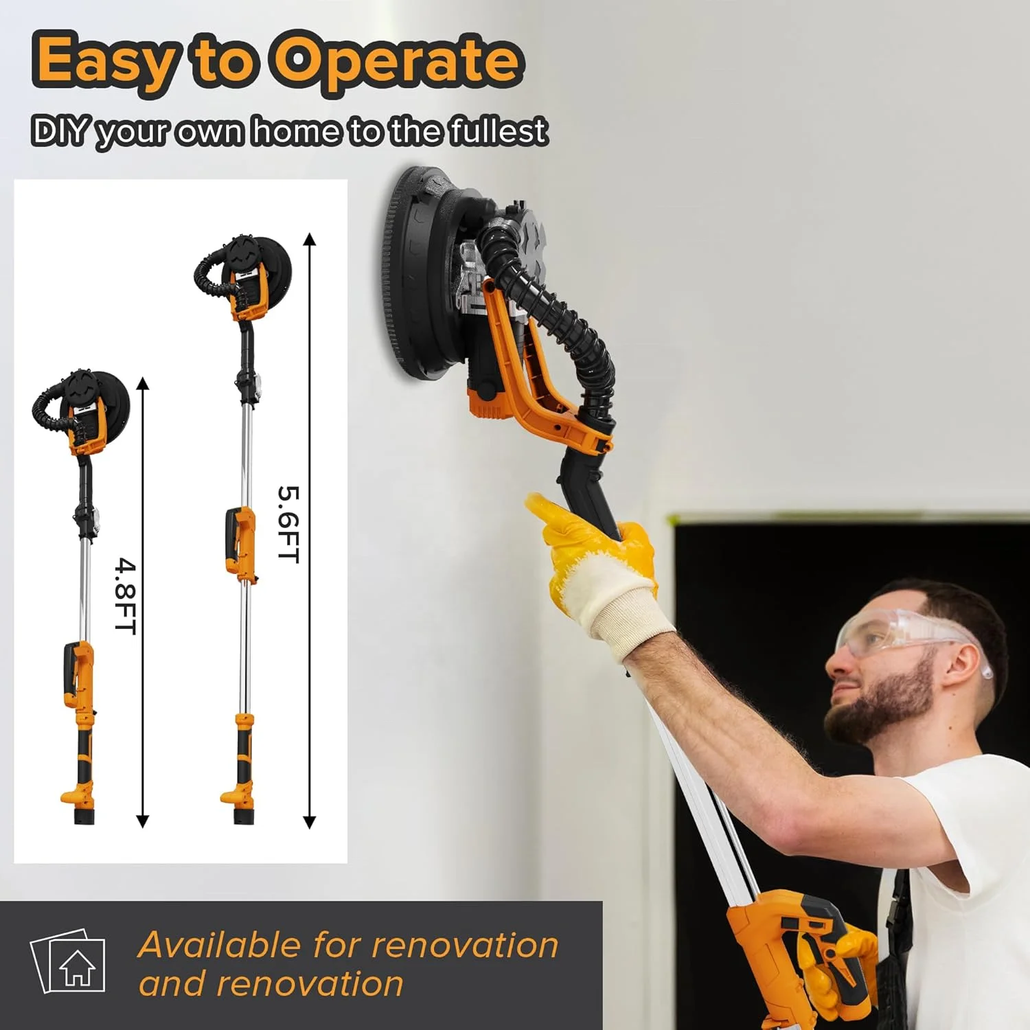 Drywall Sander 880W with Vacuum Dust Collection 6 Variable Speed Extendable Handle Dustless Floor Sander for Popcorn Ceiling