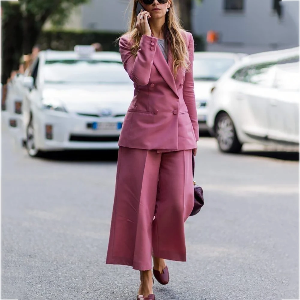 

High Street Solid Color Suit For Women Regular Fitted Double Breasted Formal Blazer with Pants Daily Casual Female Outfit