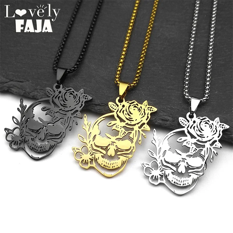 

Stainless Steel Gothic Skull Rose Flower Pendant Necklace for Men Women Gold Color Skeleton Retro Punk Party Jewelry Gift