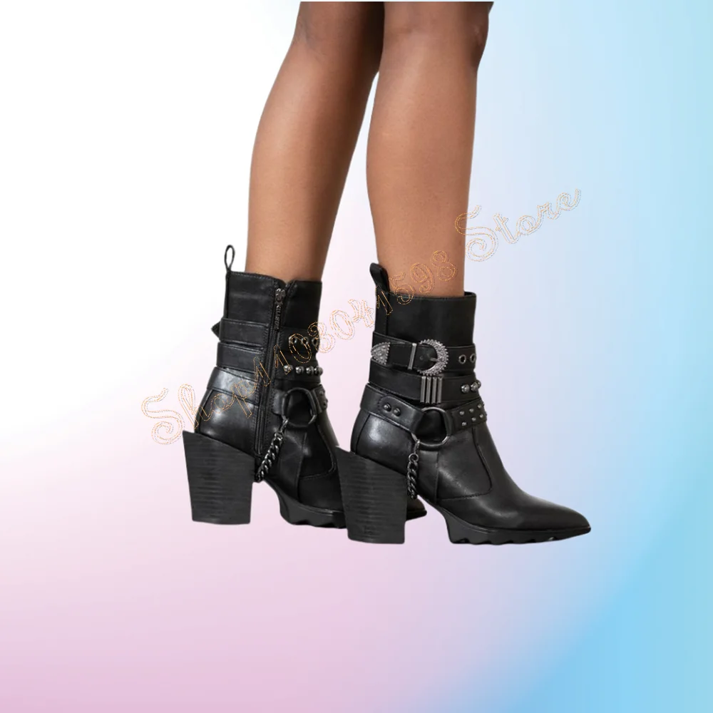 Black Side Zipper Boots Buckle Decor Chunky High Heels Chain Decor High Heel Shoes for Women Heels 2024 New Zapatos Para Mujere