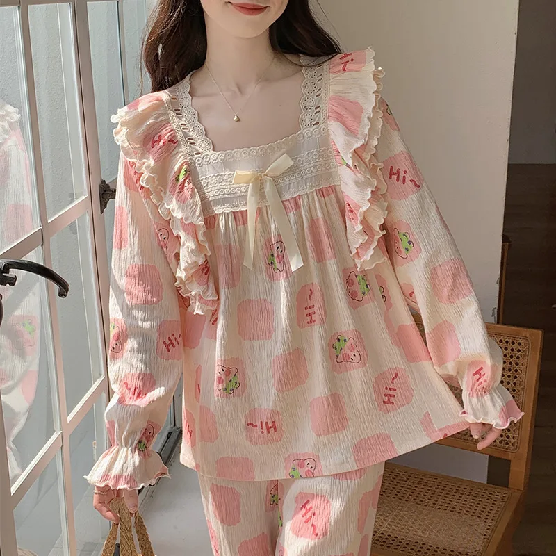 Lace Princess Style Girl Long Sleeve Pajama Woman Sweet Student ins Style Autumn 2024 New Loungewear Set Long Pants