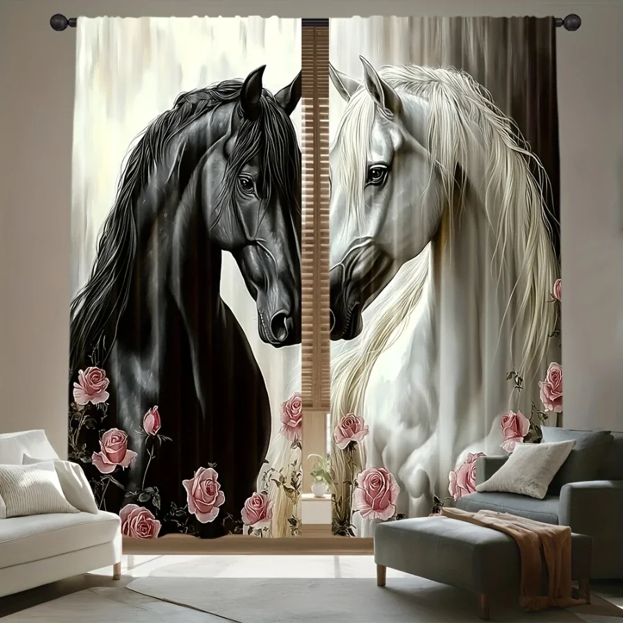Realistic Horse Portrait Curtain Pair Black and White Equine Art Window Drapes for Living Room Home Decor