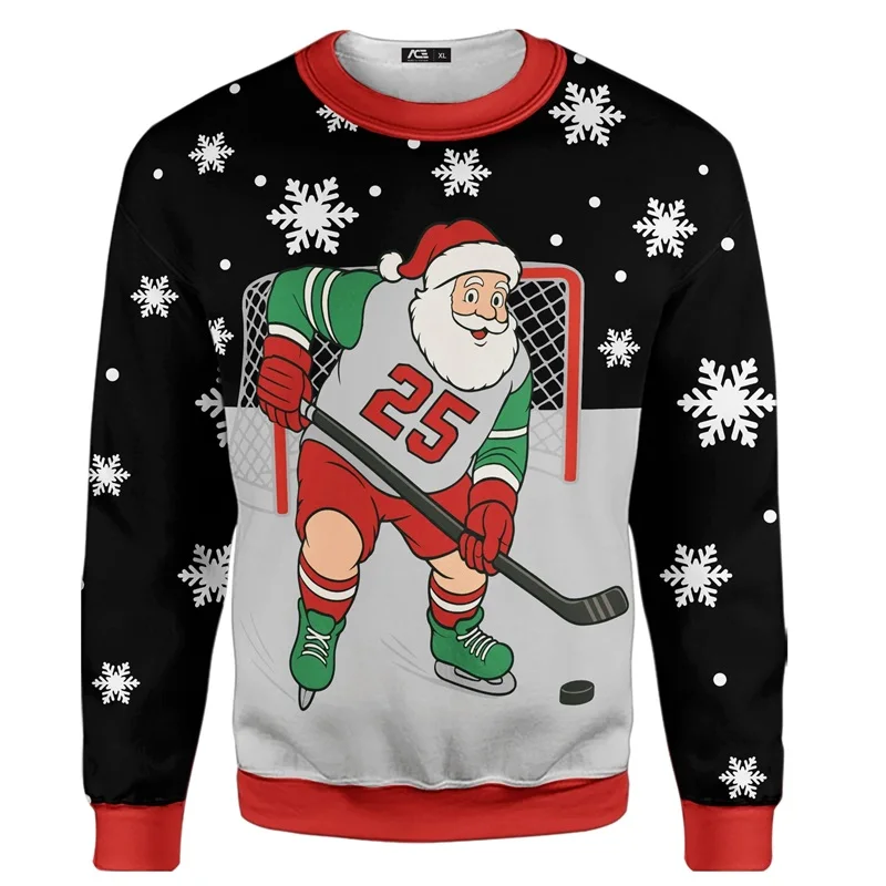 مضحك سانتا كلوز اللعب الهوكي الجرافيك بلوزات الرجال عيد ميلاد سعيد طاقم الرقبة البلوز سترة جديدة عيد الميلاد رياضية
