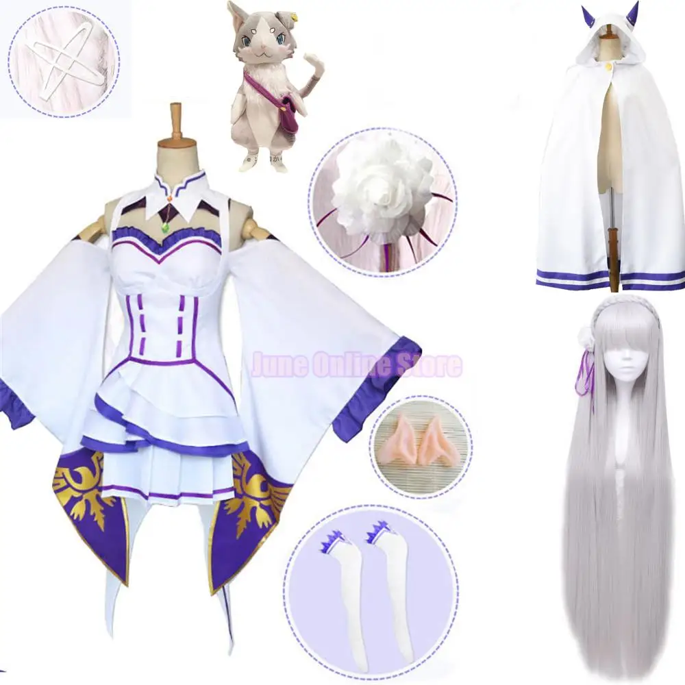 Re Zero Kara Hajimeru Isekai Seikatsu Emilia Cosplay Costumes Women Dress With Headdress For Halloween Party