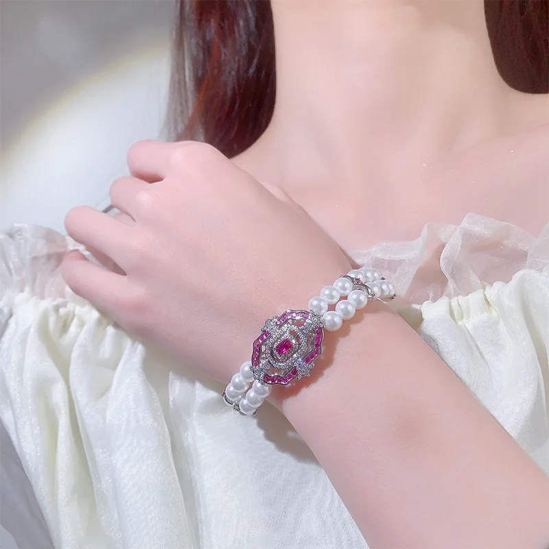 2024 New Fashion Double Layer Freshwater Pearl Bracelets for Women Dazzling Zircon Elegant Bangles with Buckle Trendy Jewelry